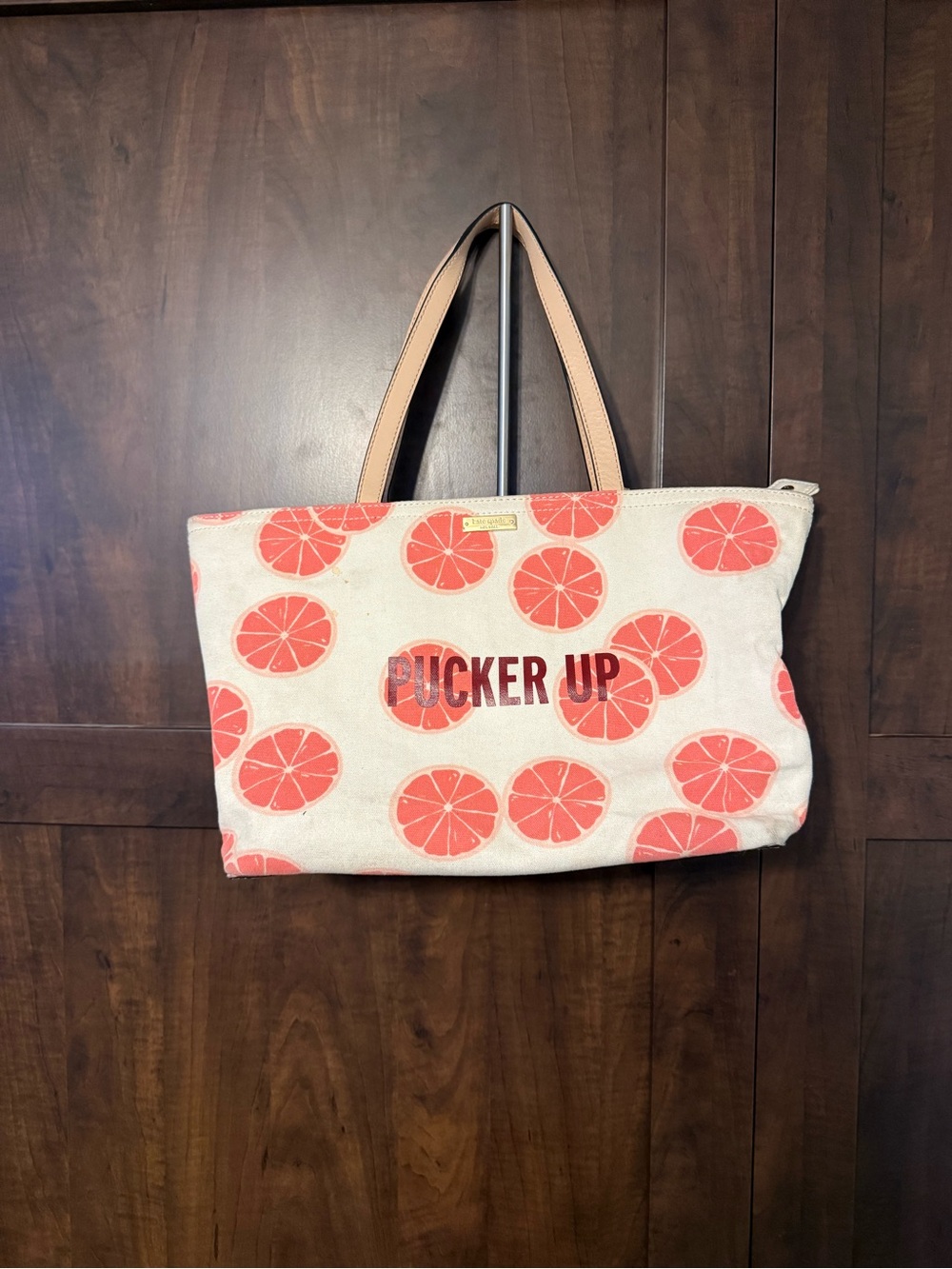 kate spade Coral Grapefruit Canvas Tote with Tan Straps